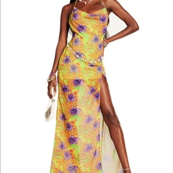NEW I.AM.GIA Naphtalia Hibiscus Floral Print Maxi Dress w Slit and Seashell Belt - Picture 5 of 16
